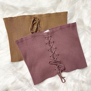 2 Pack Active USA Shirt Tube Crop Top Knit Lace Up Bandeau Adjustable Size L